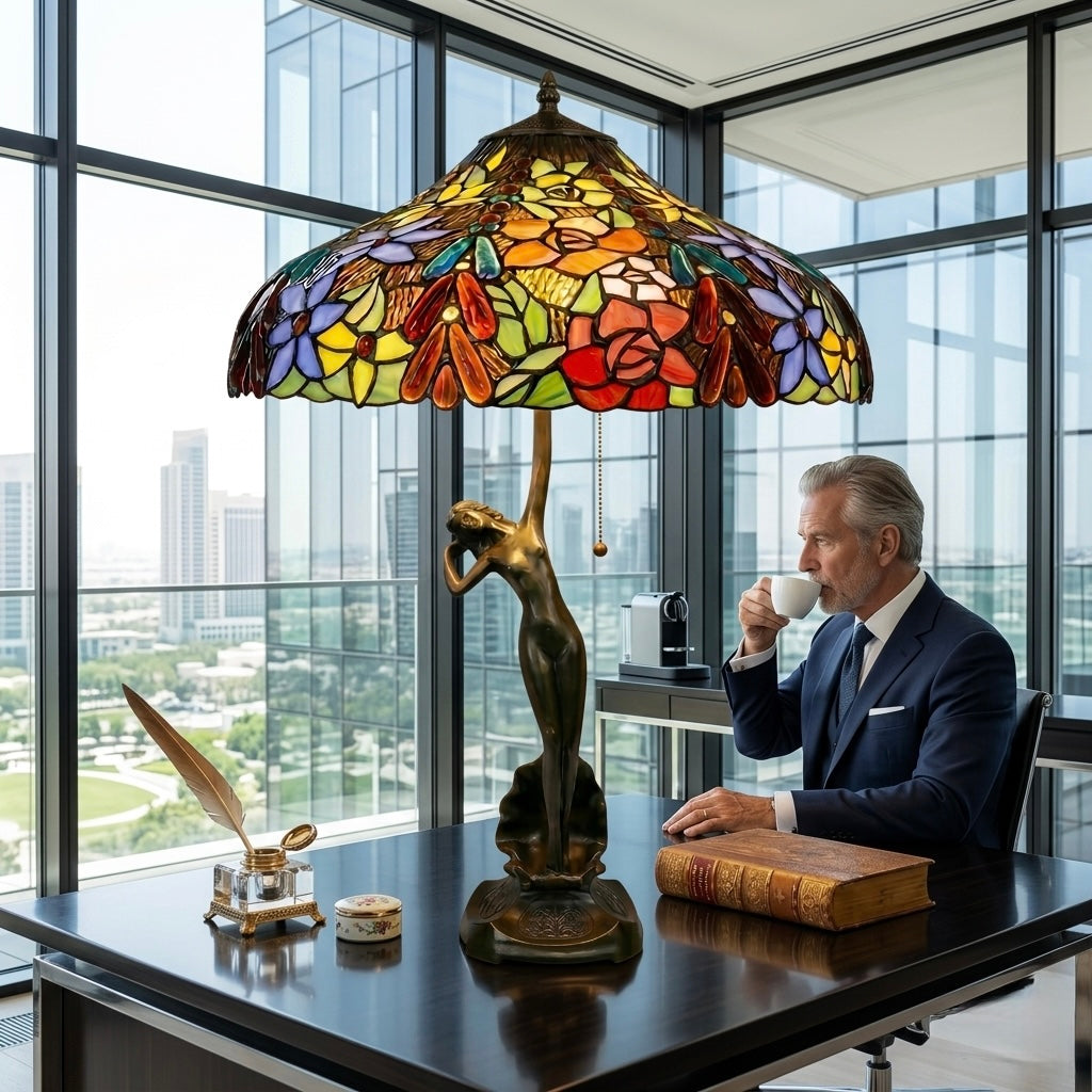 Tiffany-style lamp with glass shade, approx 7kg Hand crafted