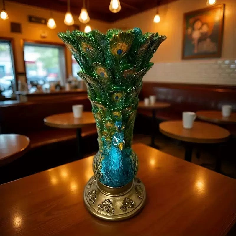 Resin Peacock Vase with Golden Accents