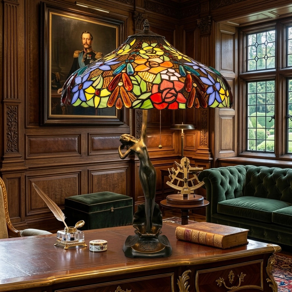 Tiffany-style lamp with glass shade, approx 7kg Hand crafted