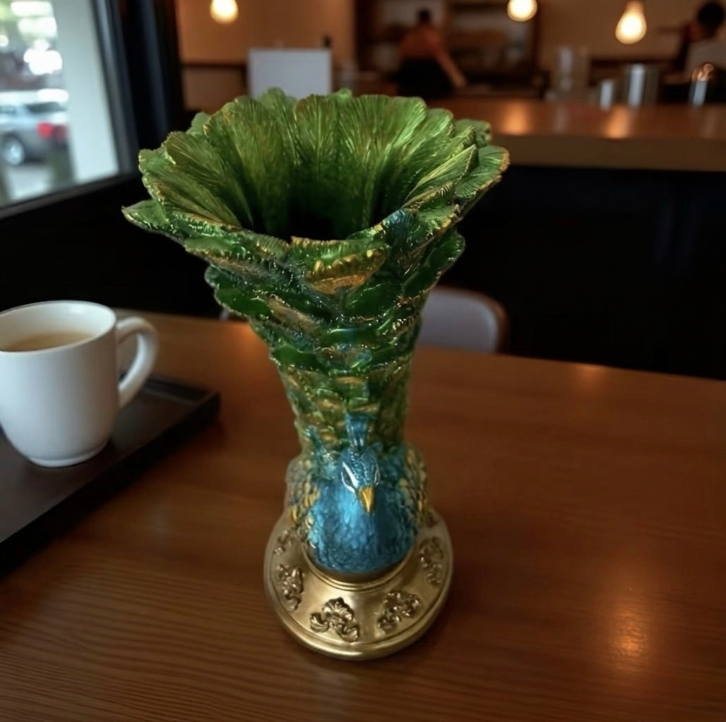 Resin Peacock Vase with Golden Accents