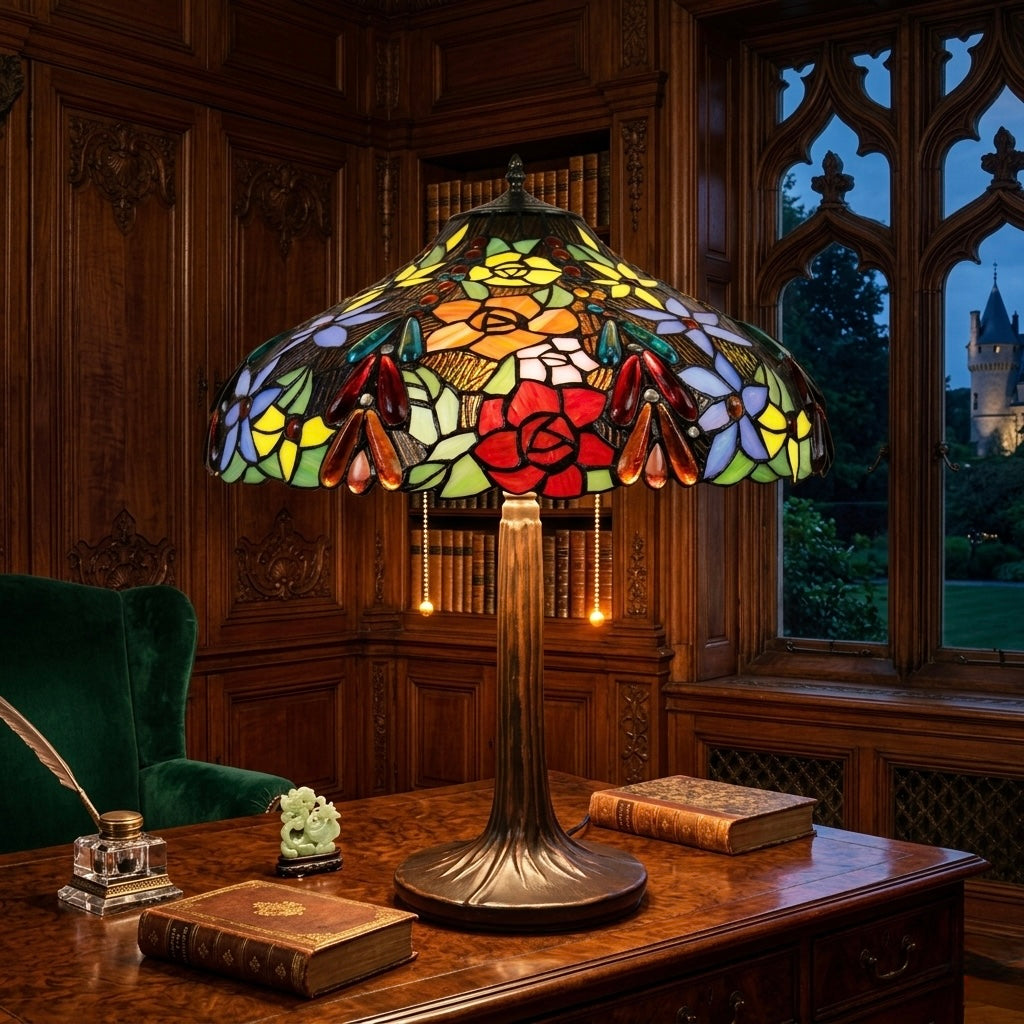 Tiffany-style lamp with glass shade, approx 7kg Hand crafted