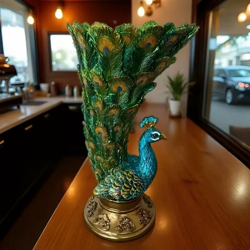 Resin Peacock Vase with Golden Accents
