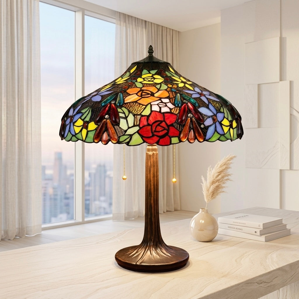 Tiffany-style lamp with glass shade, approx 7kg Hand crafted