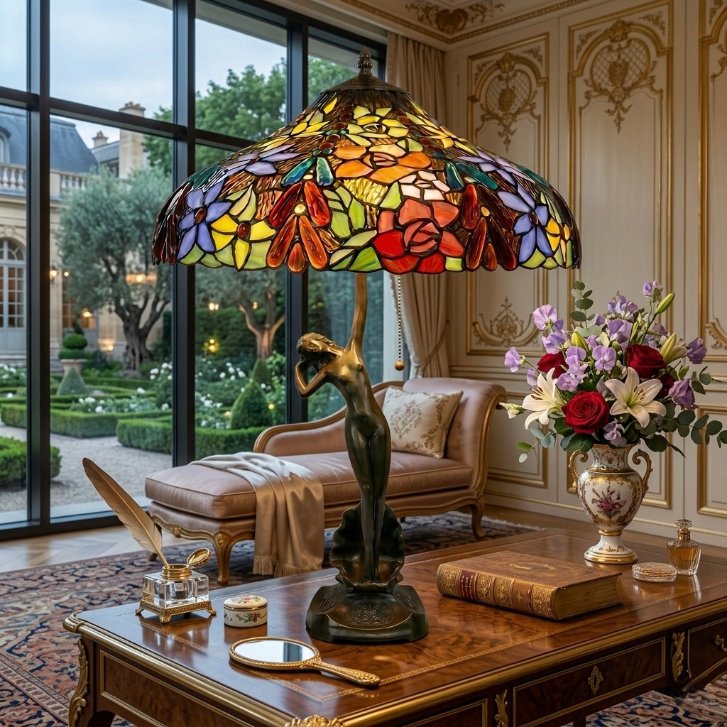Tiffany-style lamp with glass shade, approx 7kg Hand crafted