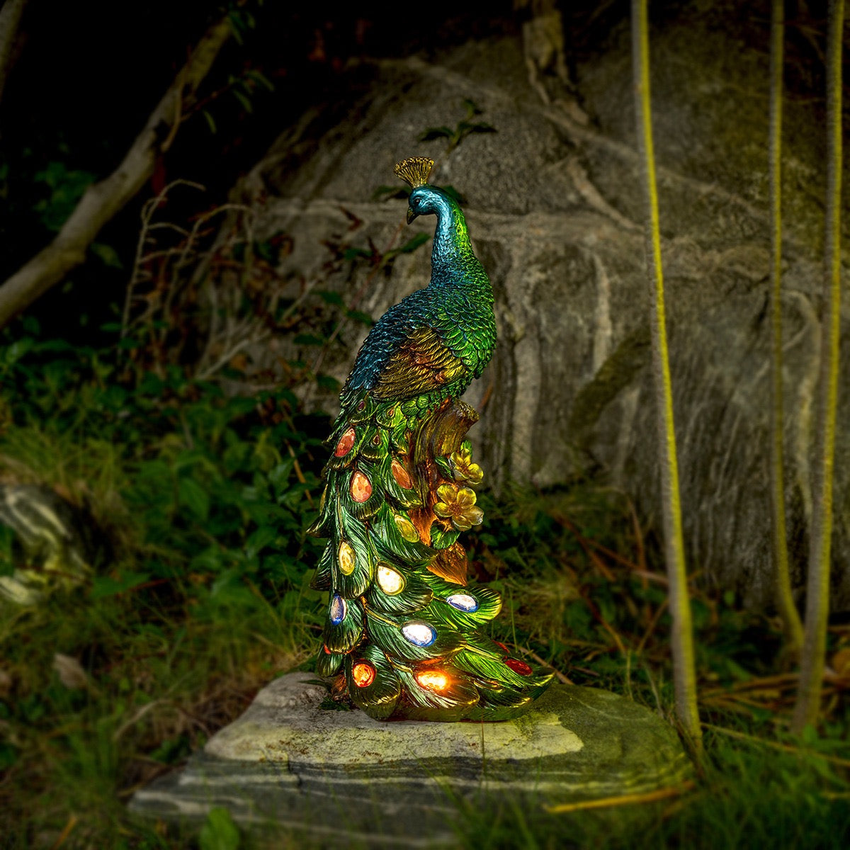 1pc Resin Crafts Colorful Solar Lights, White Peacock