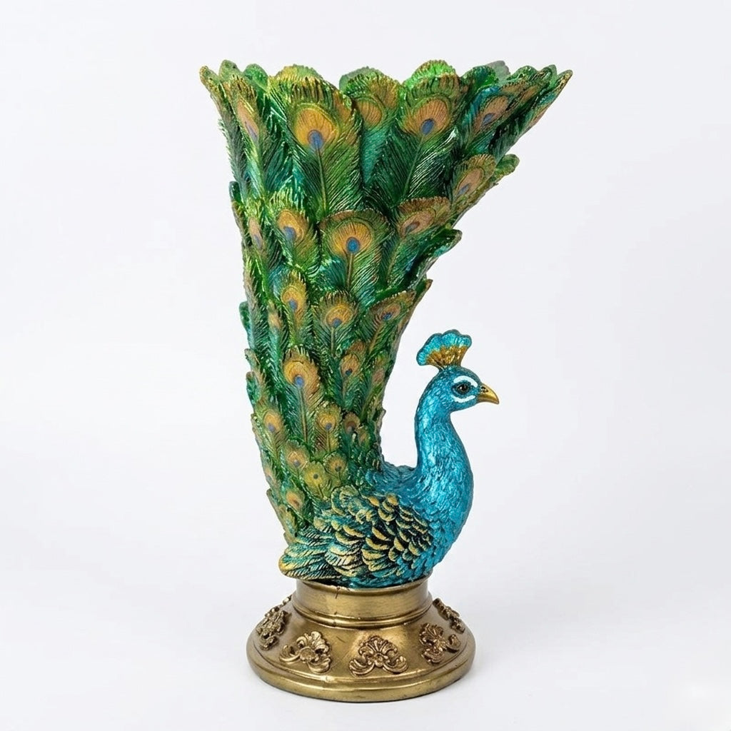 Resin Peacock Vase with Golden Accents
