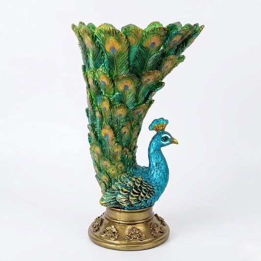 Resin Peacock Vase with Golden Accents